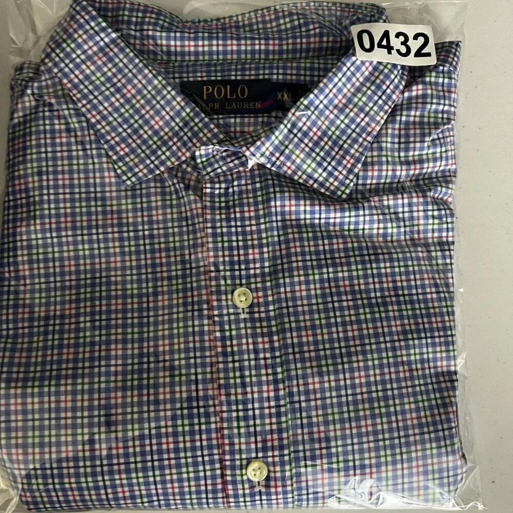 POLO Ralph Lauren XXL Gingham Plaid Twill Dress Shirt 100% Cotton Button Up Logo